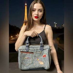 Stylish Denim Patch Satchel Handbag in Blue